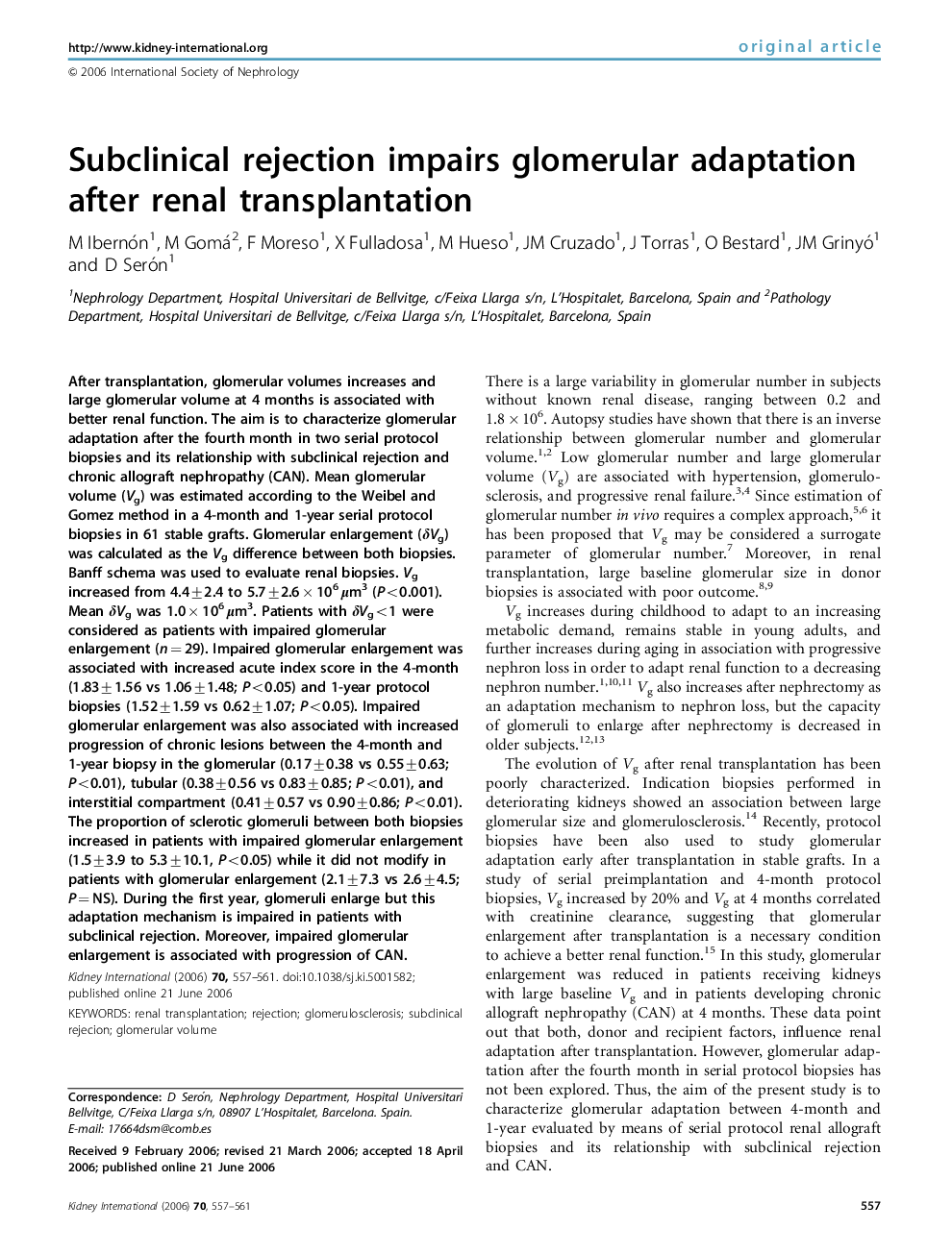 Subclinical rejection impairs glomerular adaptation after renal transplantation