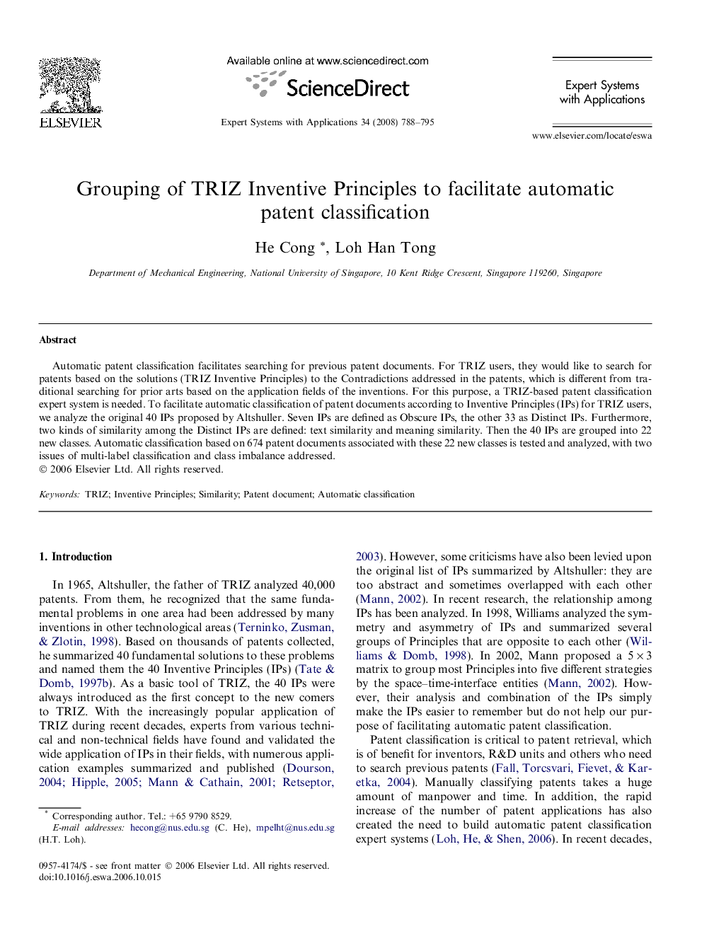 Grouping of TRIZ Inventive Principles to facilitate automatic patent classification