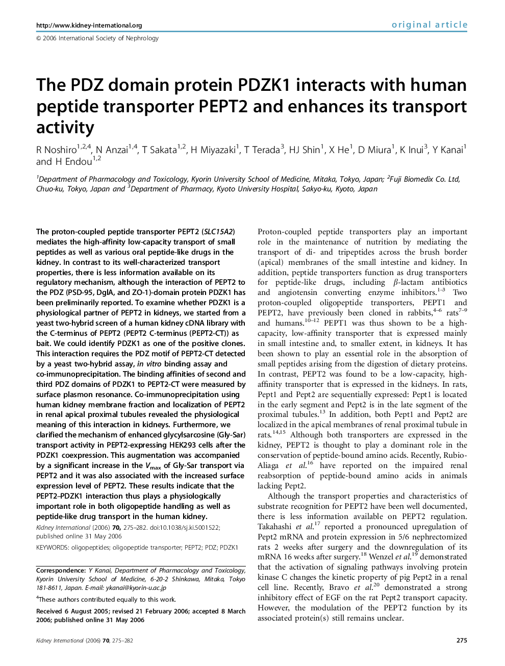 The PDZ domain protein PDZK1 interacts with human peptide transporter PEPT2 and enhances its transport activity