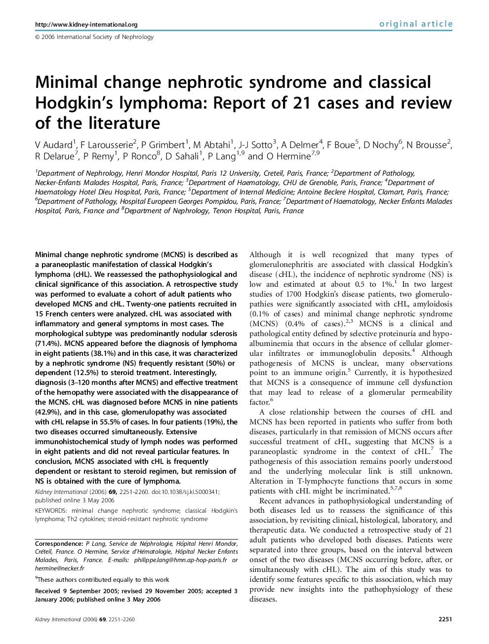 Minimal change nephrotic syndrome and classical Hodgkin's lymphoma: Report of 21 cases and review of the literature