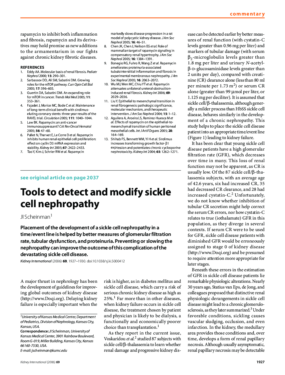 Tools to detect and modify sickle cell nephropathy