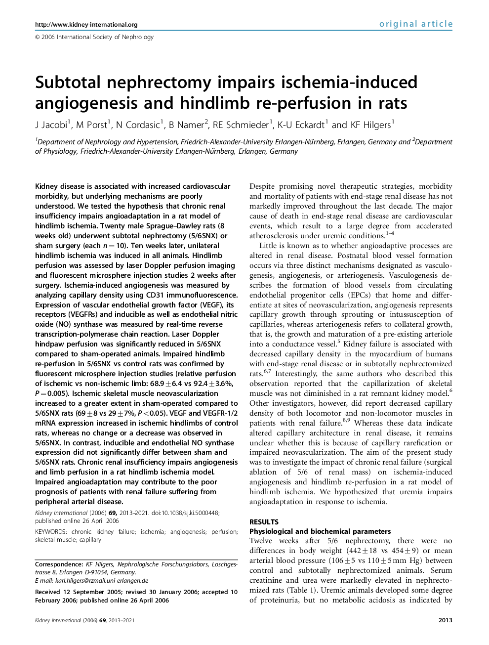 Subtotal nephrectomy impairs ischemia-induced angiogenesis and hindlimb re-perfusion in rats