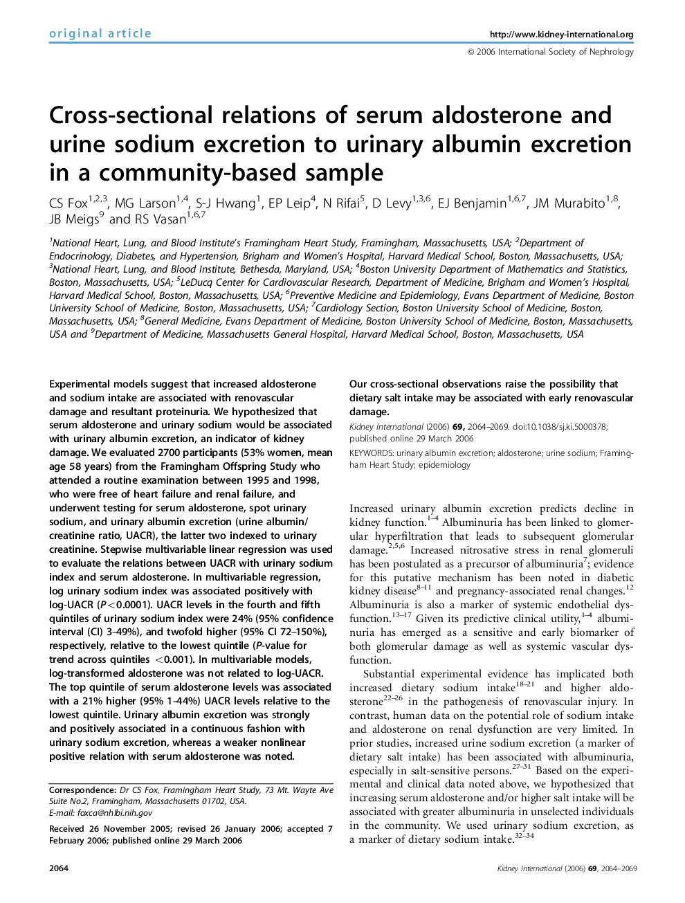 عکس صفحه اول مقاله: Cross-sectional relations of serum aldosterone and urine sodium excretion to urinary albumin excretion in a community-based sample Cross-sectional relations of serum aldosterone and urine sodium excretion to urinary albumin excretion in a community-based sample