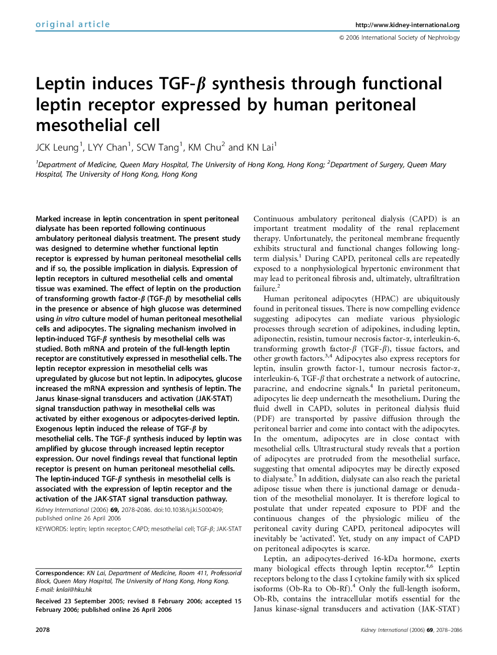 Leptin induces TGF-β synthesis through functional leptin receptor expressed by human peritoneal mesothelial cell