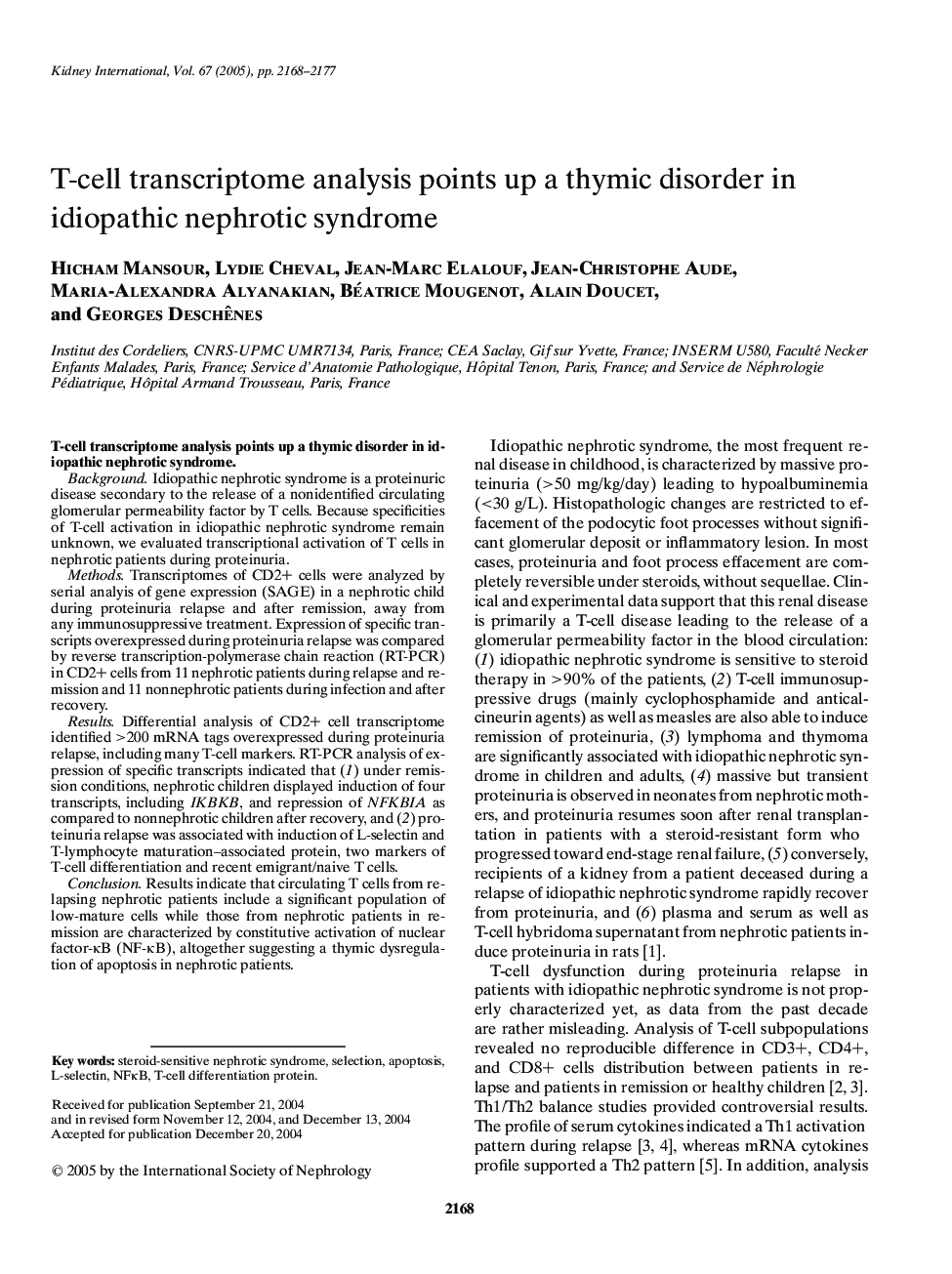 T-cell transcriptome analysis points up a thymic disorder in idiopathic nephrotic syndrome