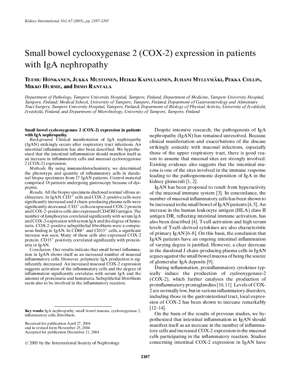 Small bowel cyclooxygenase 2 (COX-2) expression in patients with IgA nephropathy