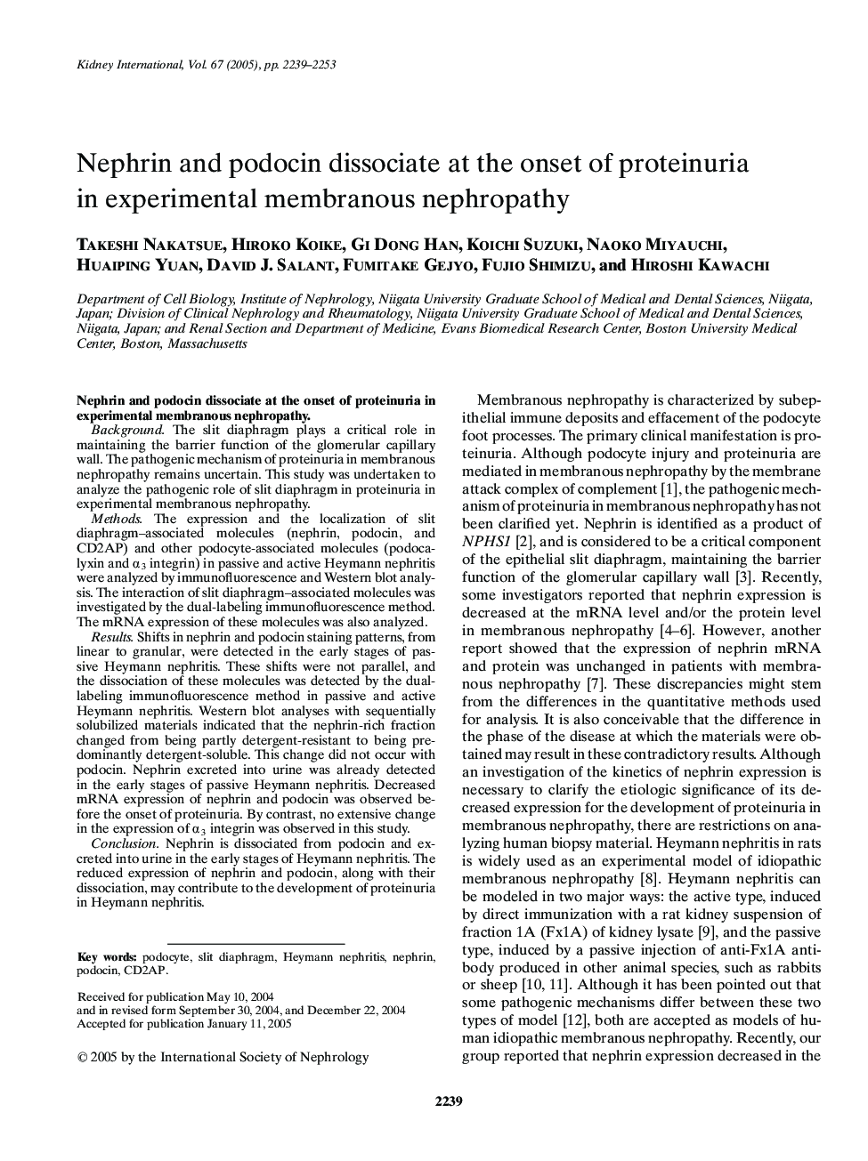 Nephrin and podocin dissociate at the onset of proteinuria in experimental membranous nephropathy