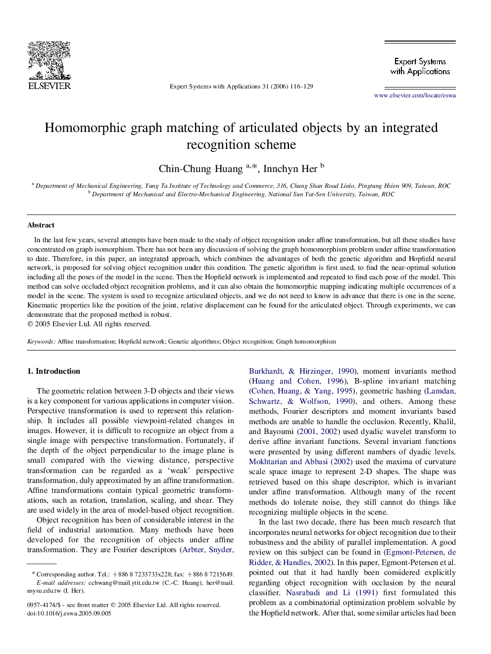 Homomorphic graph matching of articulated objects by an integrated recognition scheme