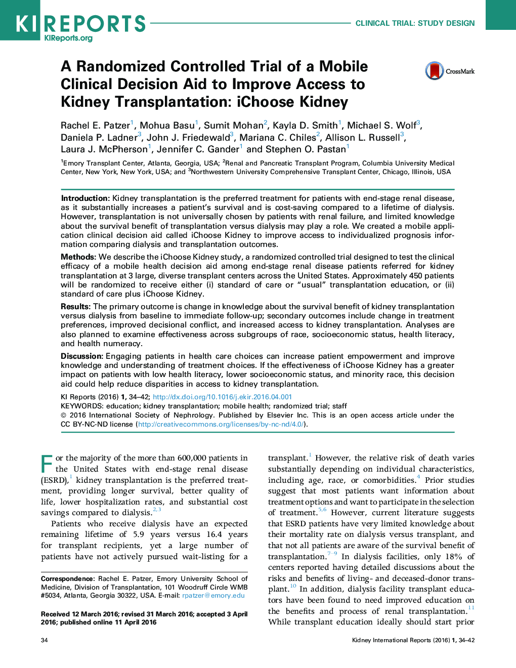 A Randomized Controlled Trial of a Mobile Clinical Decision Aid to Improve Access to Kidney Transplantation: iChoose Kidney