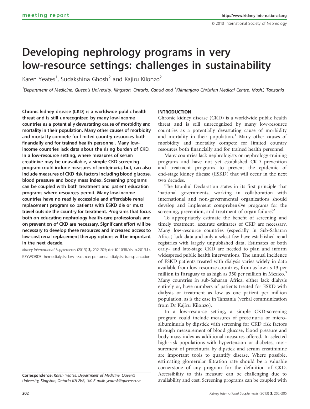 Developing nephrology programs in very low-resource settings: challenges in sustainability