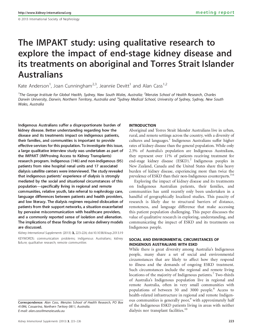 The IMPAKT study: using qualitative research to explore the impact of end-stage kidney disease and its treatments on aboriginal and Torres Strait Islander Australians 