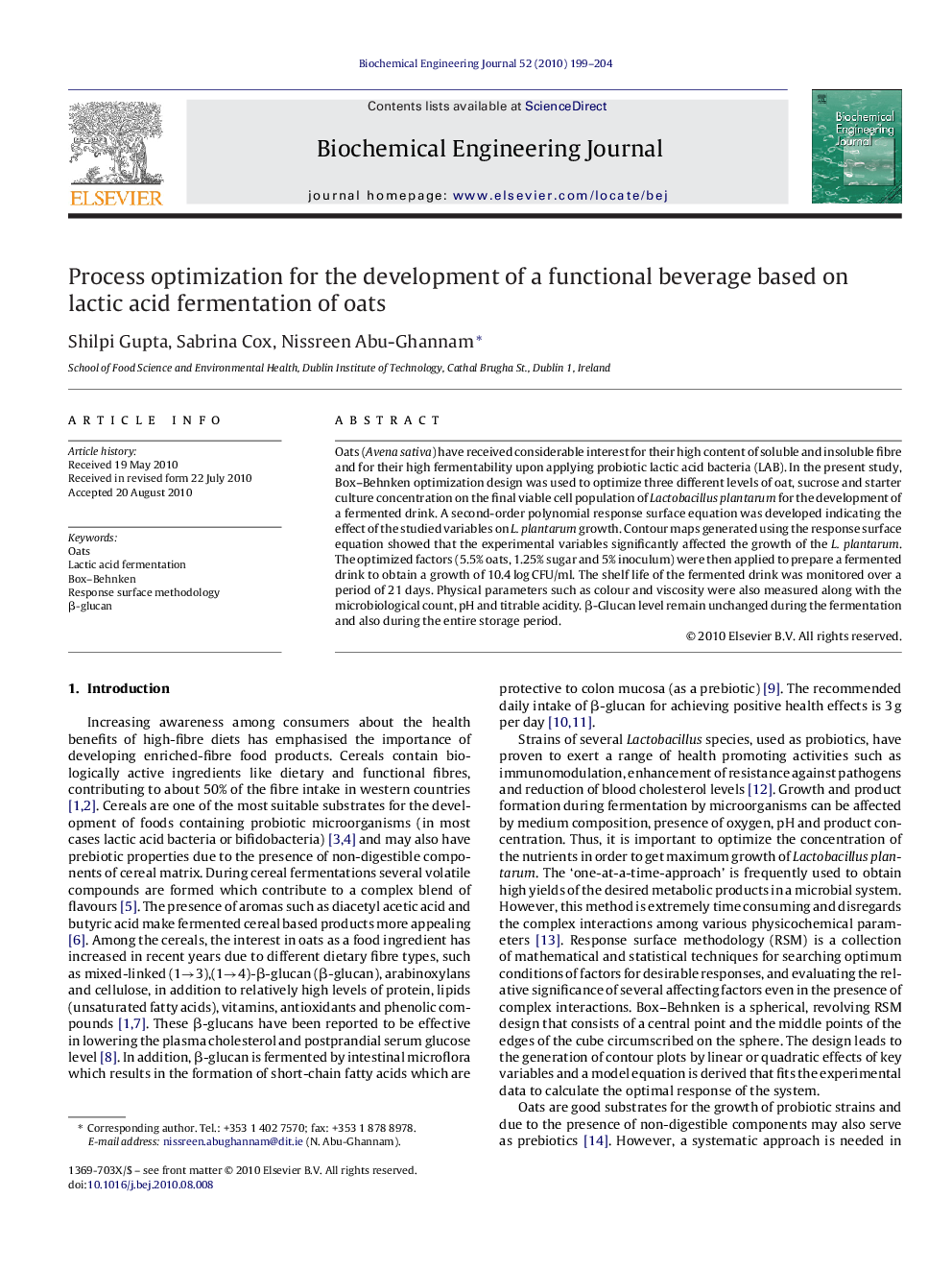 عکس صفحه اول مقاله: Process optimization for the development of a functional beverage based on lactic acid fermentation of oats Process optimization for the development of a functional beverage based on lactic acid fermentation of oats