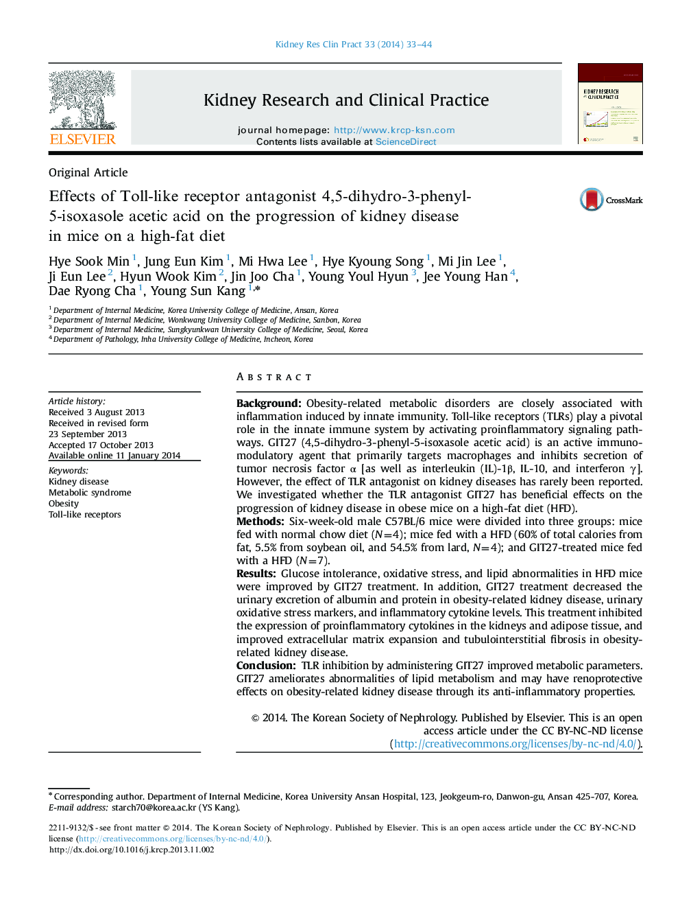 Effects of Toll-like receptor antagonist 4,5-dihydro-3-phenyl-5-isoxasole acetic acid on the progression of kidney disease in mice on a high-fat diet