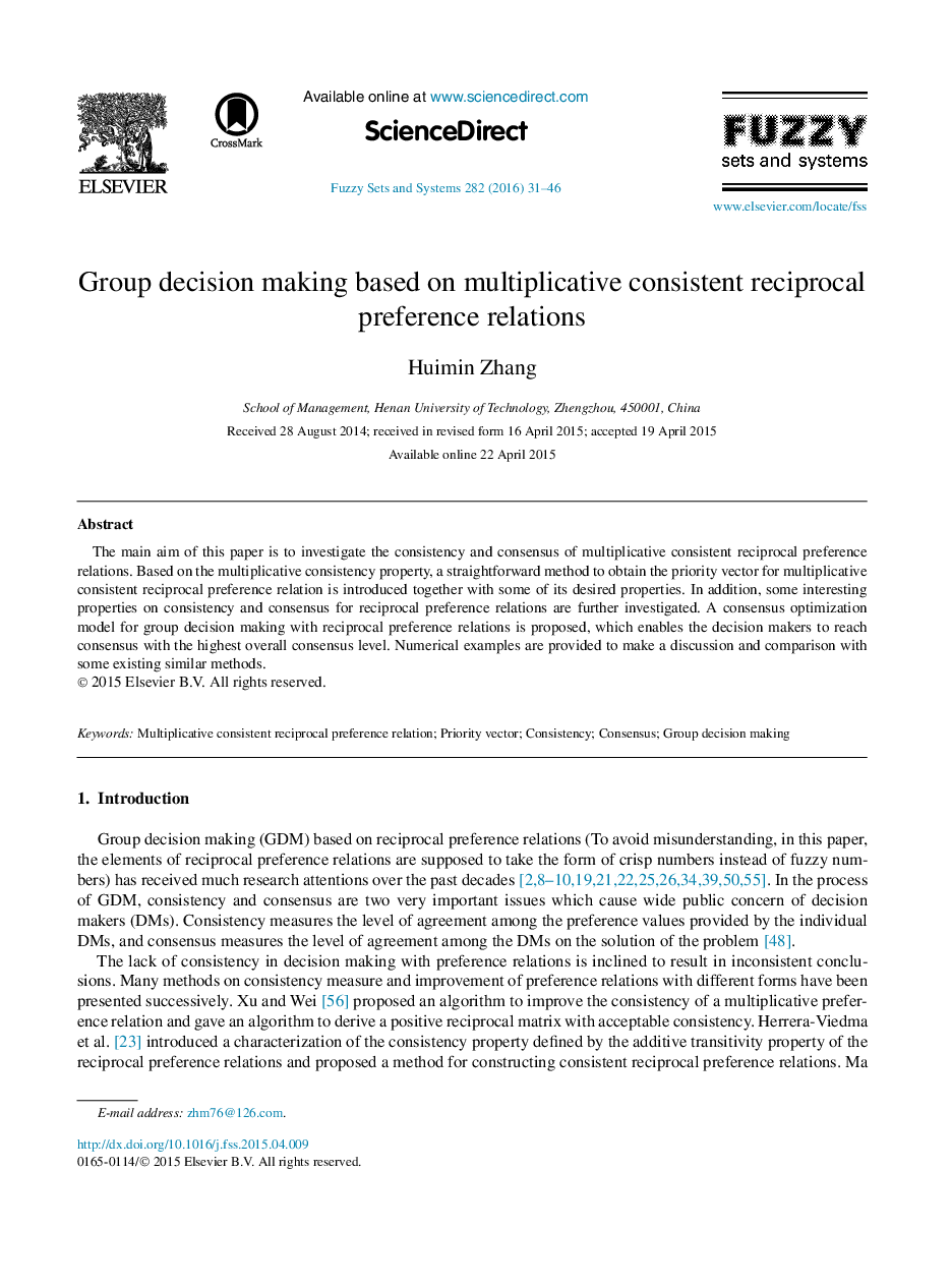 Group decision making based on multiplicative consistent reciprocal preference relations