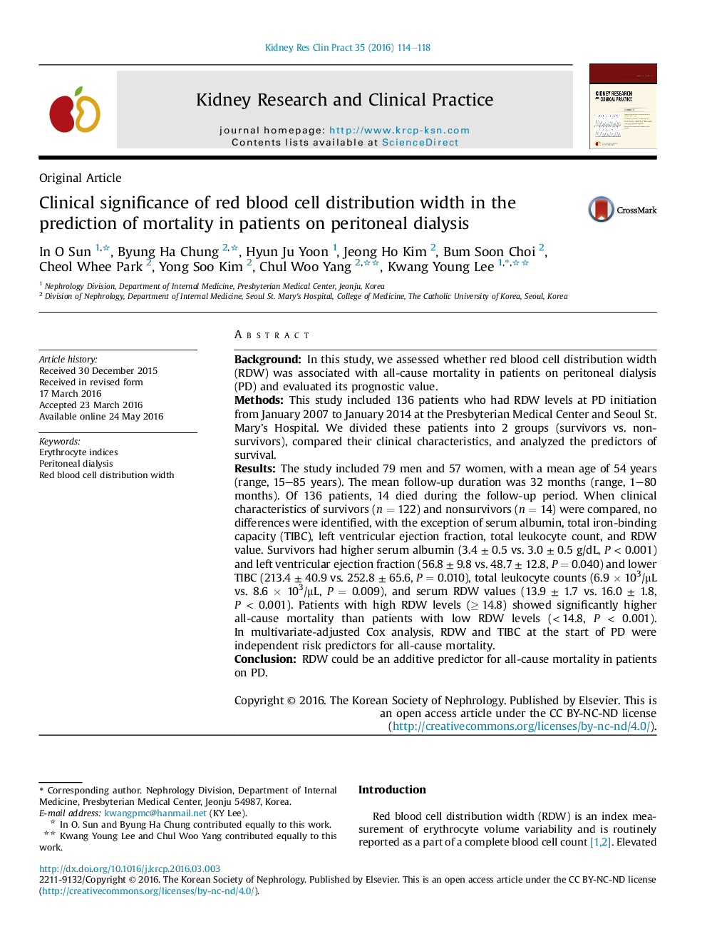 Clinical significance of red blood cell distribution width in the prediction of mortality in patients on peritoneal dialysis