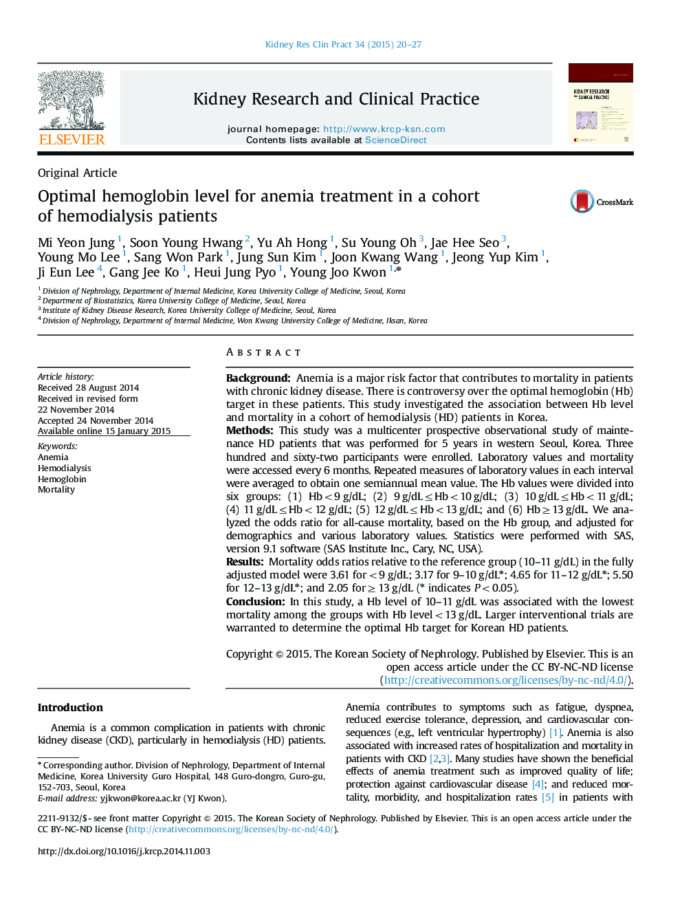 Optimal hemoglobin level for anemia treatment in a cohort of hemodialysis patients