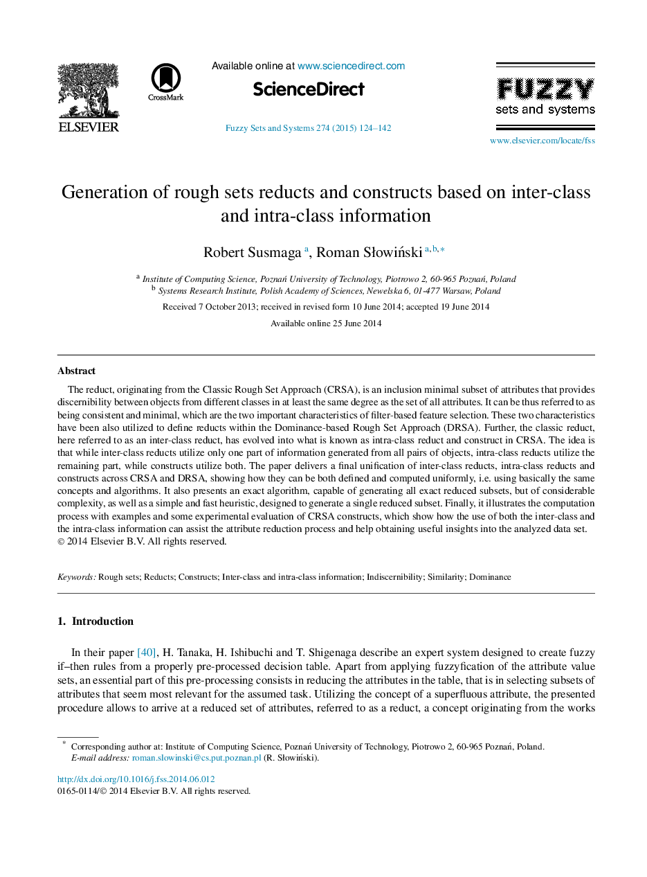 Generation of rough sets reducts and constructs based on inter-class and intra-class information