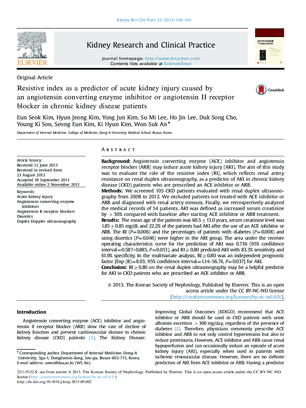 Resistive index as a predictor of acute kidney injury caused by an angiotensin converting enzyme inhibitor or angiotensin II receptor blocker in chronic kidney disease patients