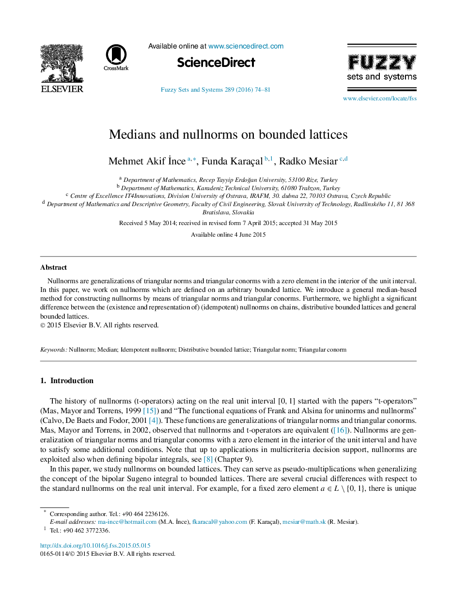 Medians and nullnorms on bounded lattices