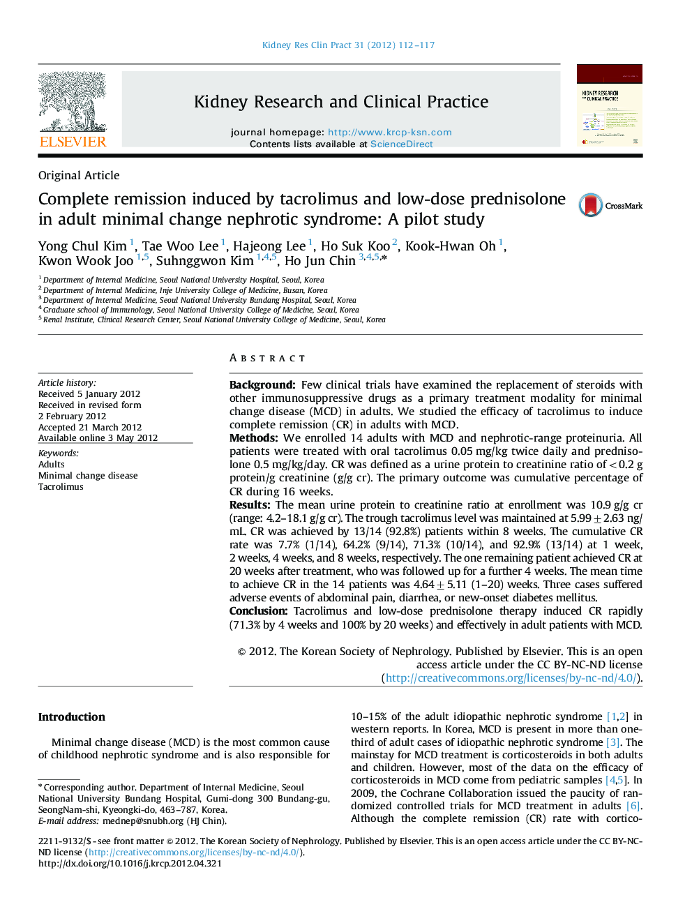 Complete remission induced by tacrolimus and low-dose prednisolone in adult minimal change nephrotic syndrome: A pilot study