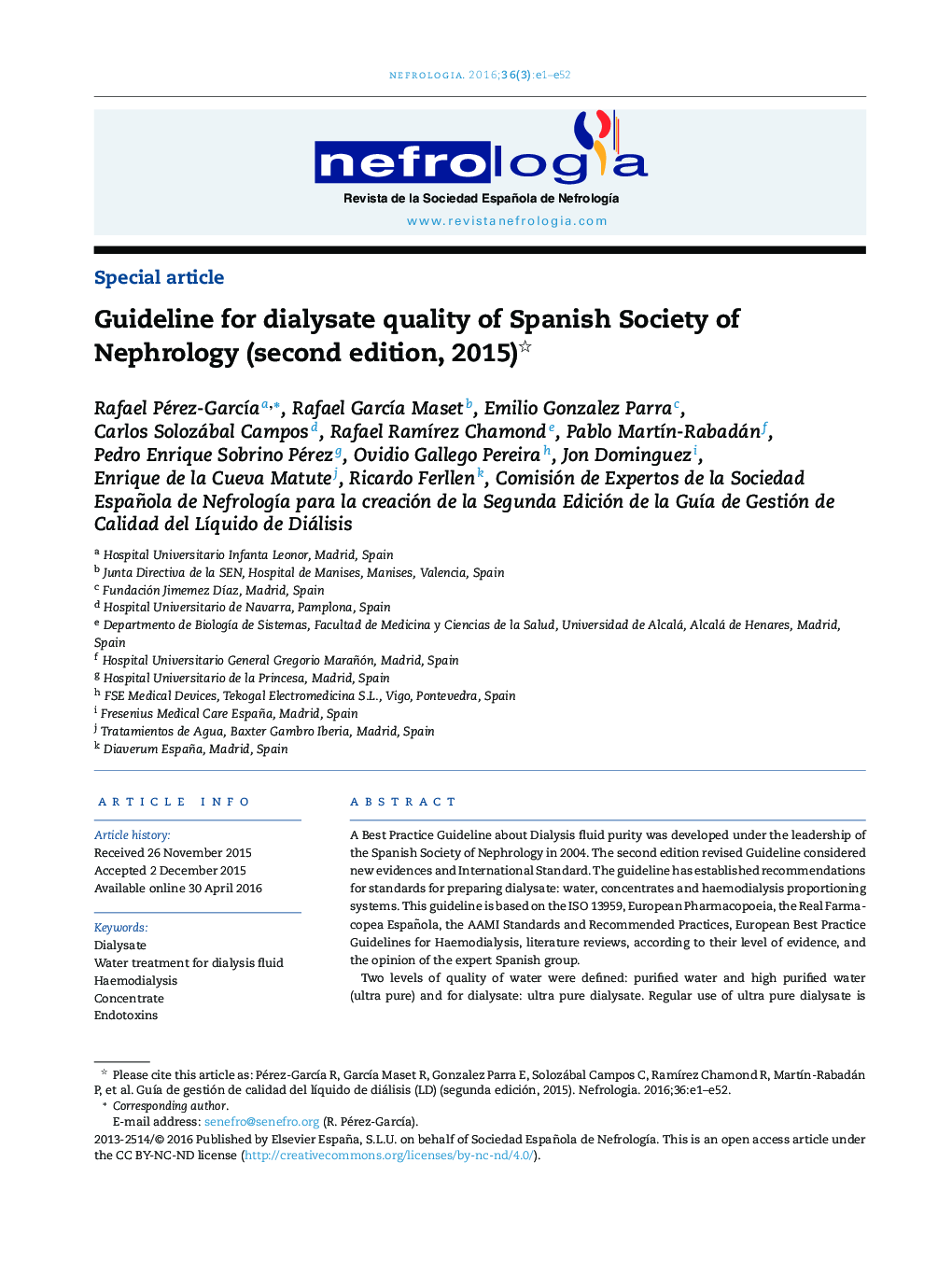 Guideline for dialysate quality of Spanish Society of Nephrology (second edition, 2015) 