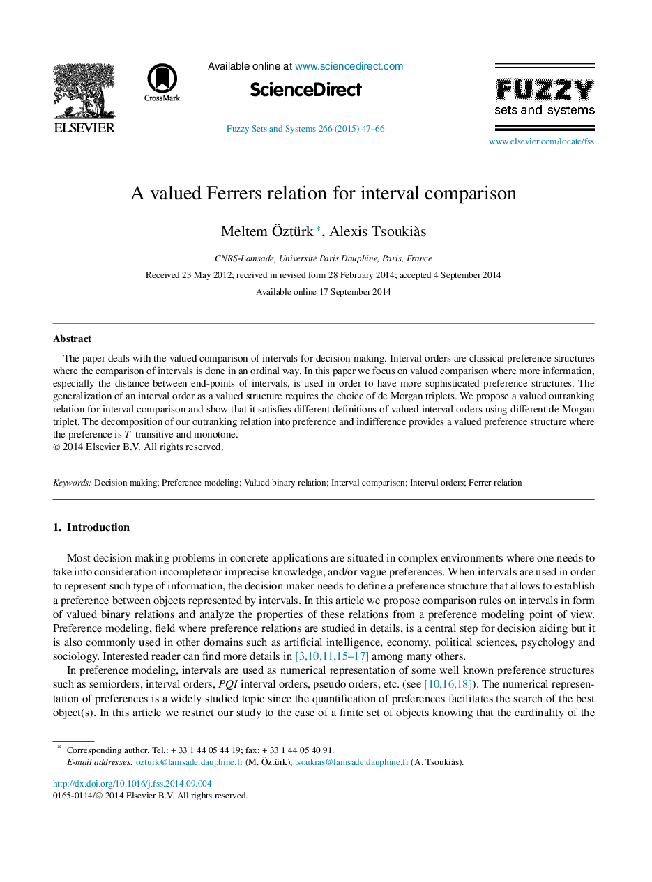 A valued Ferrers relation for interval comparison