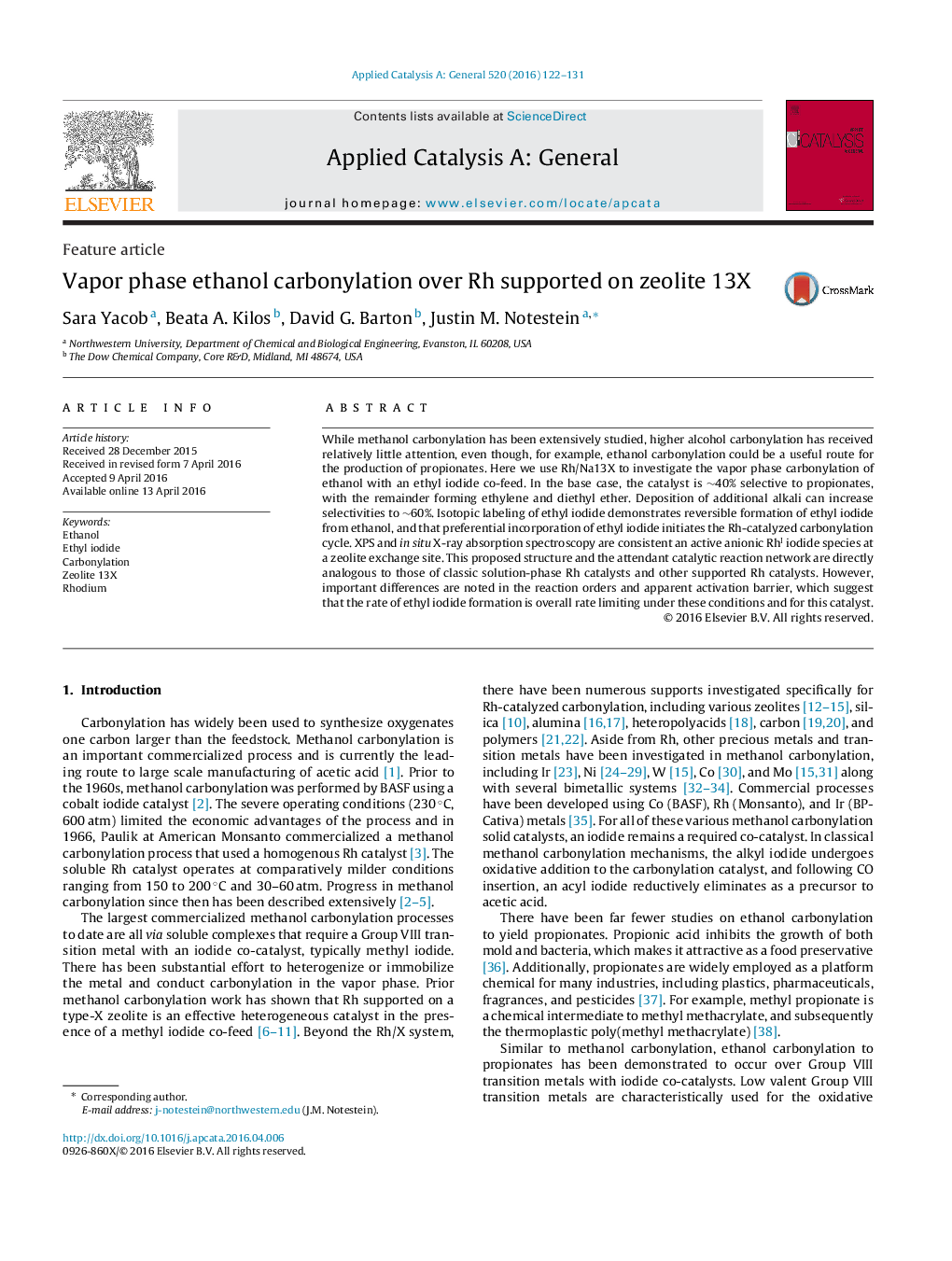 Vapor phase ethanol carbonylation over Rh supported on zeolite 13X