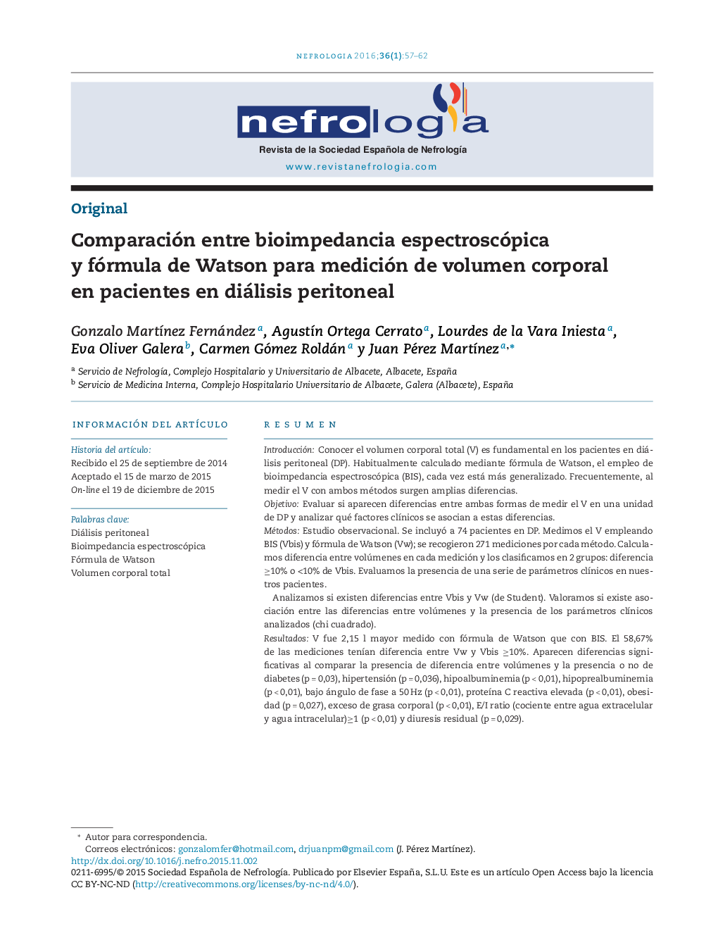 Comparación entre bioimpedancia espectroscópica y fórmula de Watson para medición de volumen corporal en pacientes en diálisis peritoneal