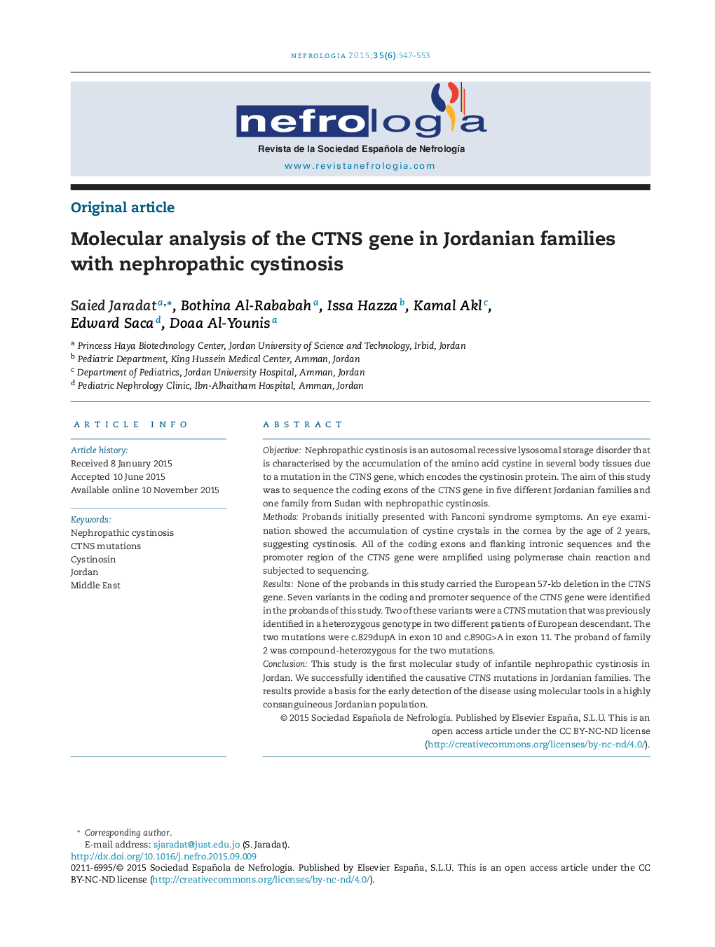 Molecular analysis of the CTNS gene in Jordanian families with nephropathic cystinosis