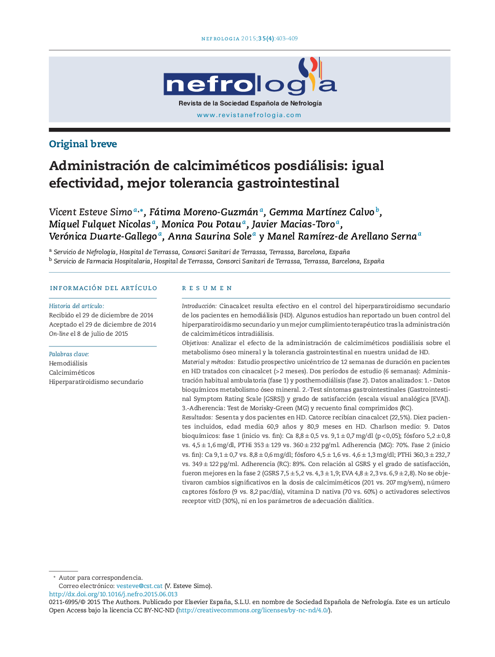 Administración de calcimiméticos posdiálisis: igual efectividad, mejor tolerancia gastrointestinal