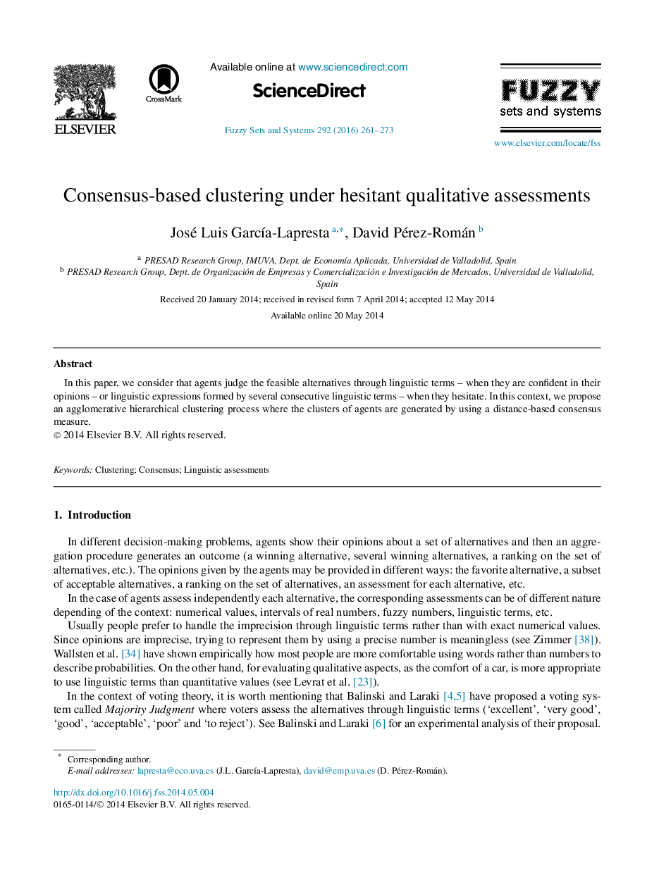 Consensus-based clustering under hesitant qualitative assessments