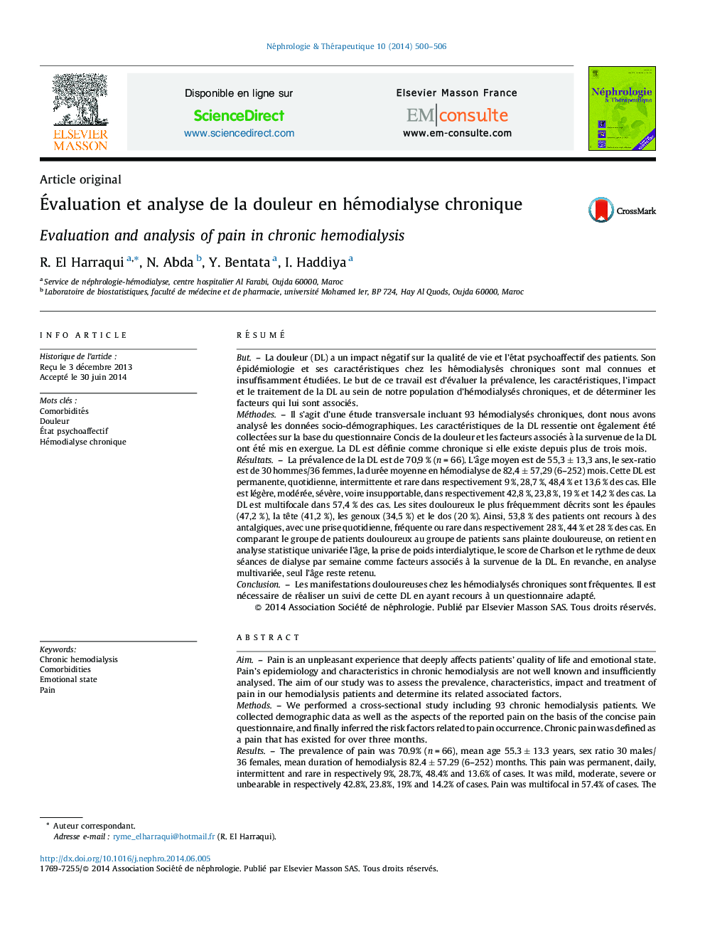 Évaluation et analyse de la douleur en hémodialyse chronique