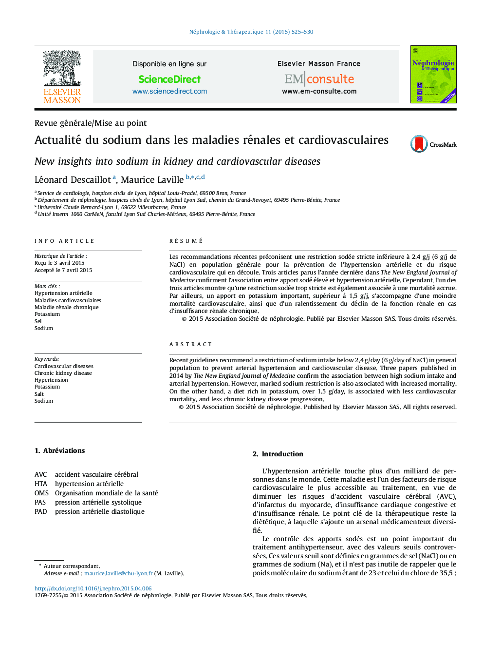 Actualité du sodium dans les maladies rénales et cardiovasculaires