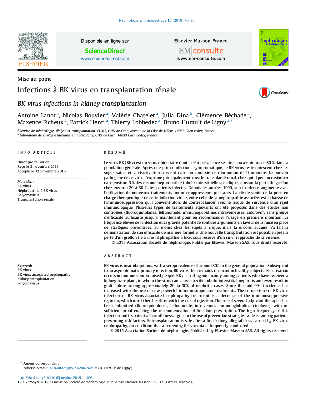 عکس صفحه اول مقاله: Infections à BK virus en transplantation rénale Infections à BK virus en transplantation rénale