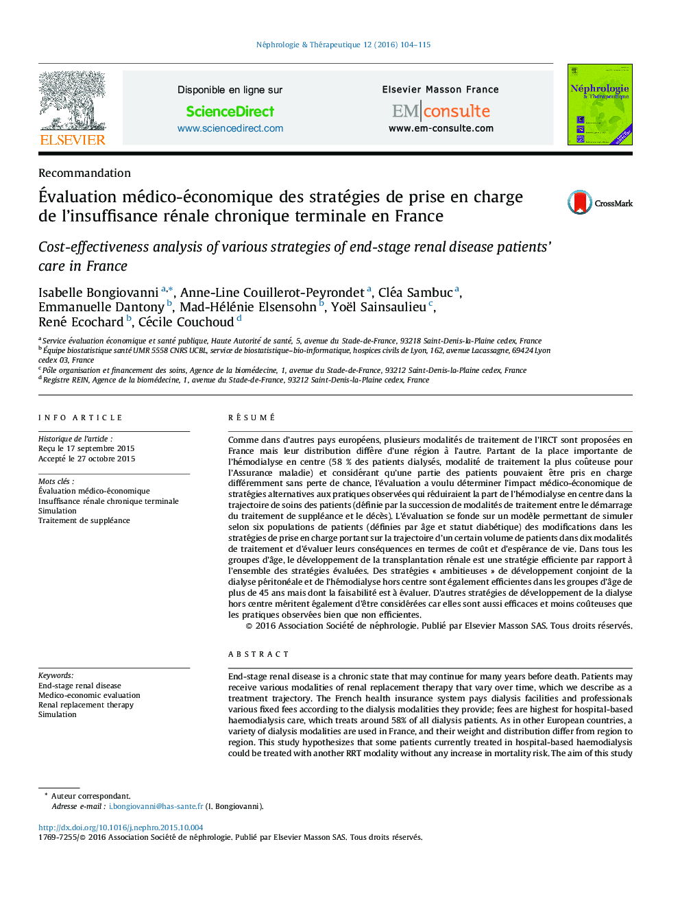عکس صفحه اول مقاله: Évaluation médico-économique des stratégies de prise en charge de l’insuffisance rénale chronique terminale en France Évaluation médico-économique des stratégies de prise en charge de l’insuffisance rénale chronique terminale en France