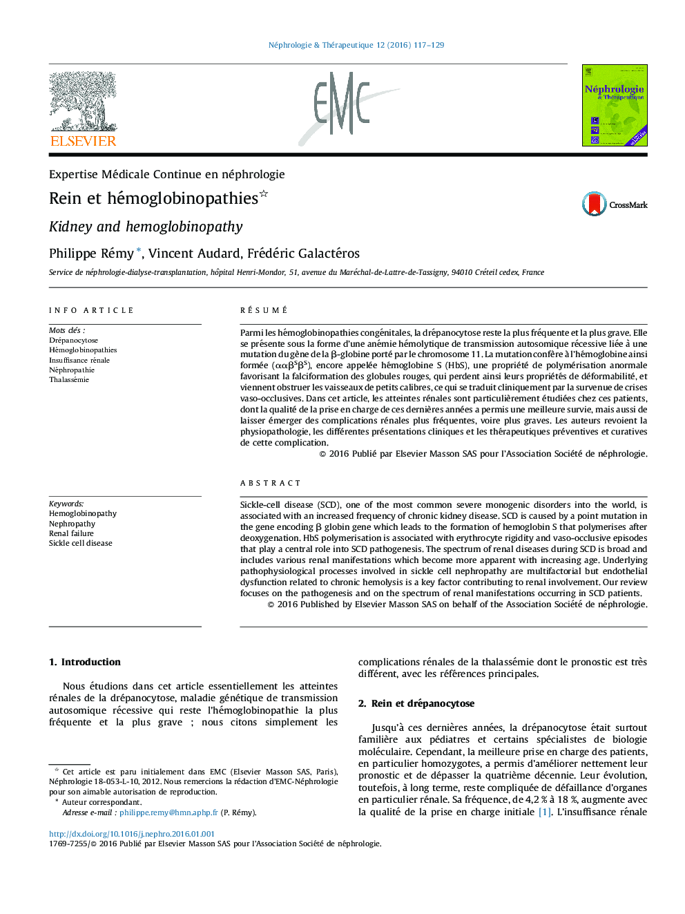 عکس صفحه اول مقاله: Rein et hémoglobinopathies Rein et hémoglobinopathies