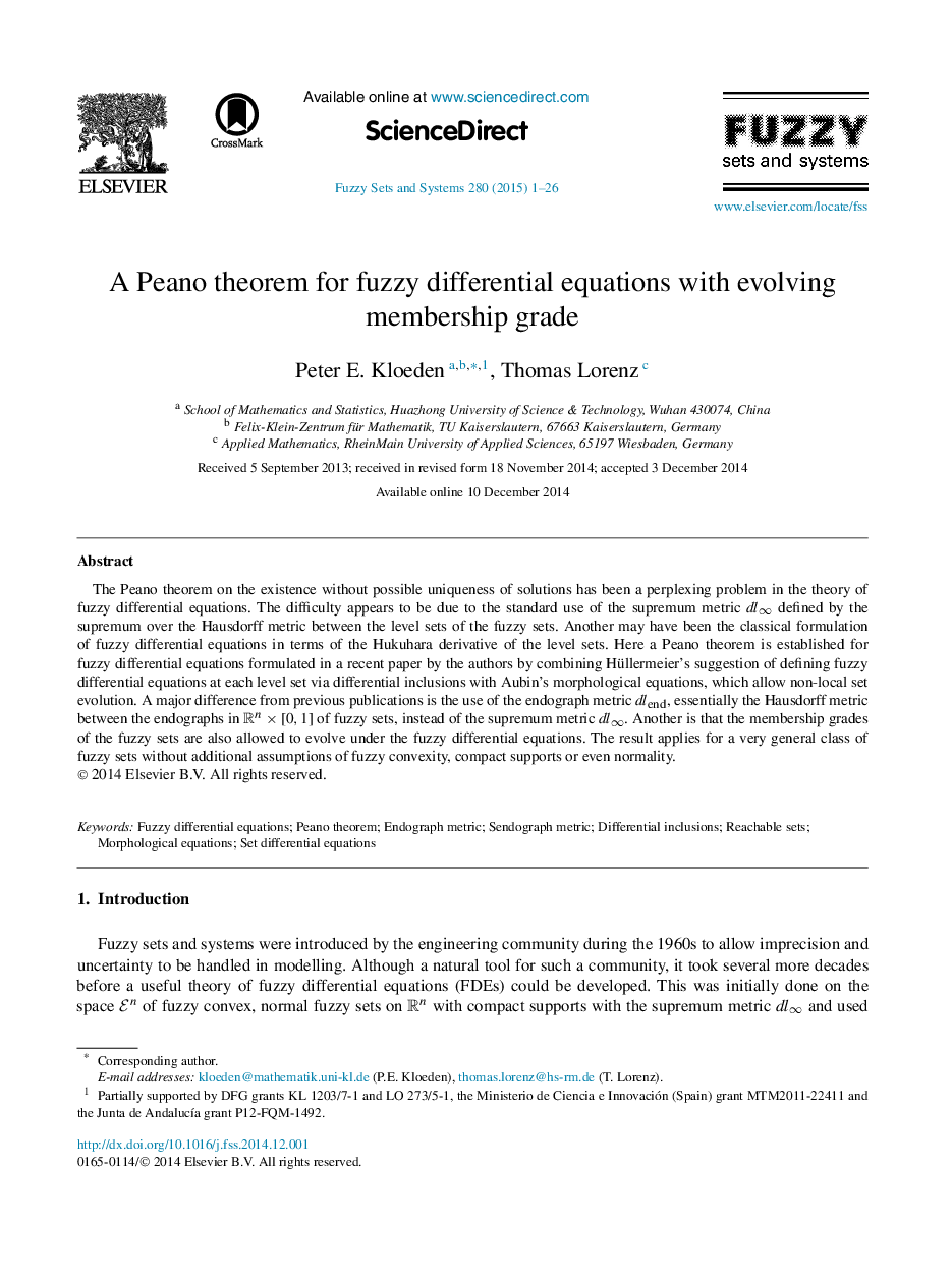 A Peano theorem for fuzzy differential equations with evolving membership grade