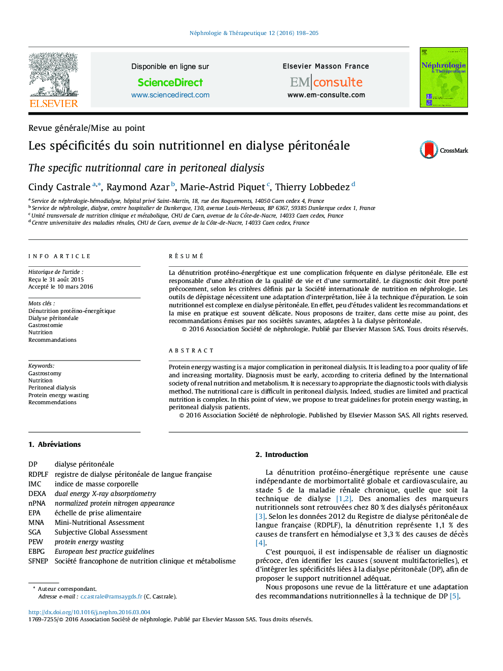 عکس صفحه اول مقاله: Les spécificités du soin nutritionnel en dialyse péritonéale Les spécificités du soin nutritionnel en dialyse péritonéale