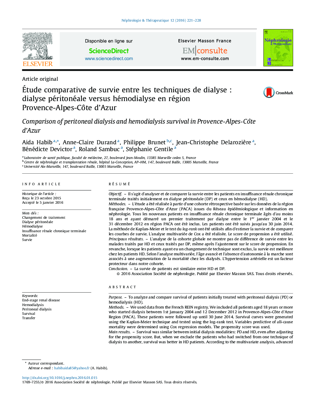 عکس صفحه اول مقاله: Étude comparative de survie entre les techniques de dialyse : dialyse péritonéale versus hémodialyse en région Provence-Alpes-Côte d’Azur Étude comparative de survie entre les techniques de dialyse : dialyse péritonéale versus hémodialyse en région Provence-Alpes-Côte d’Azur