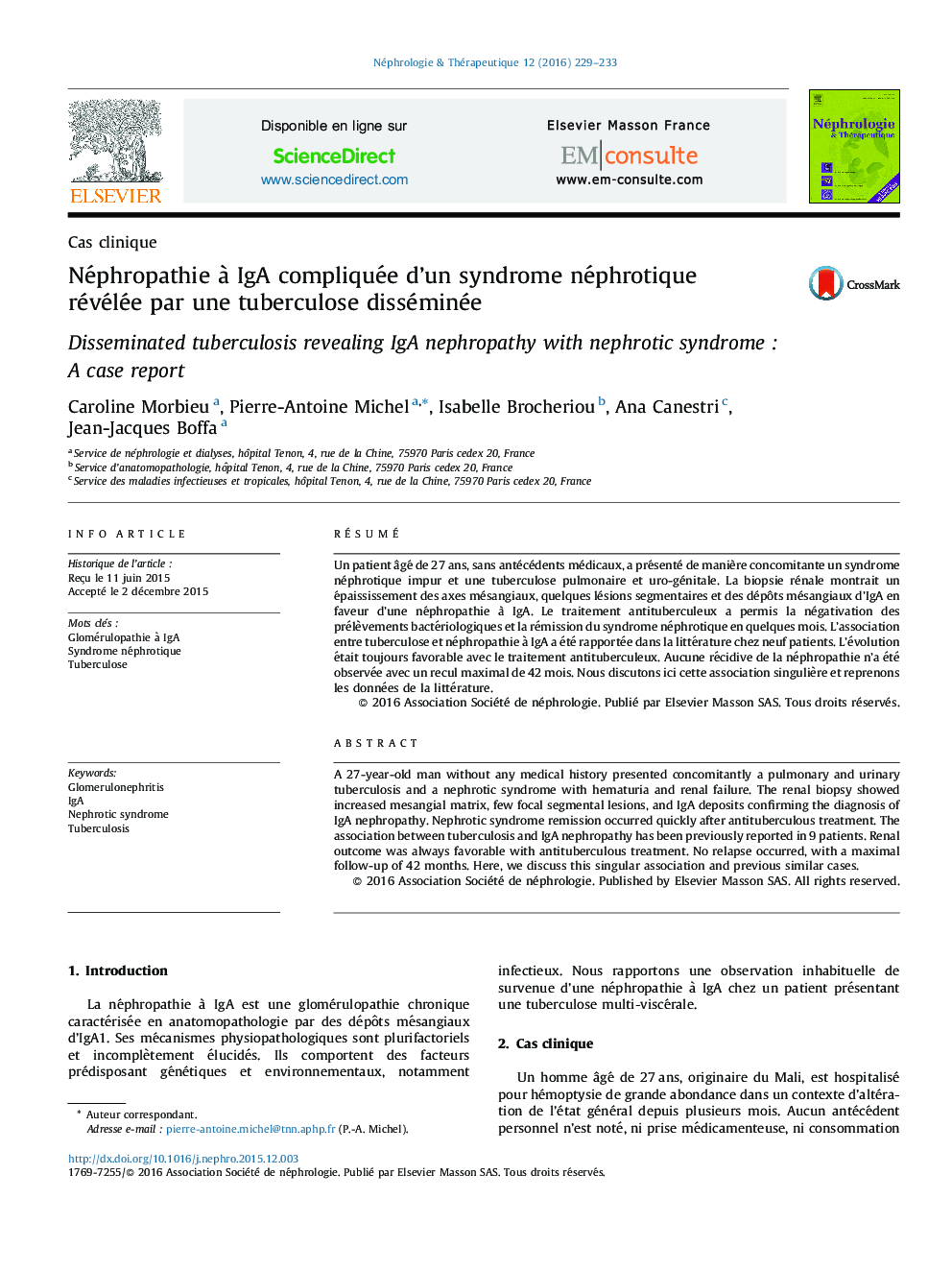 عکس صفحه اول مقاله: Néphropathie à IgA compliquée d’un syndrome néphrotique révélée par une tuberculose disséminée Néphropathie à IgA compliquée d’un syndrome néphrotique révélée par une tuberculose disséminée