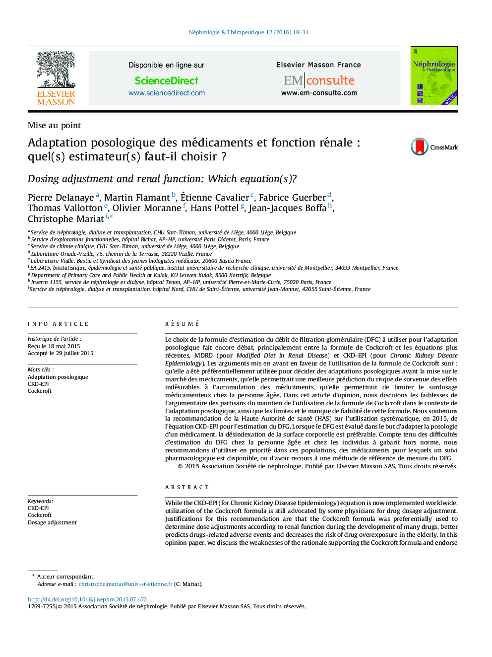 Adaptation posologique des médicaments et fonction rénale : quel(s) estimateur(s) faut-il choisir ?
