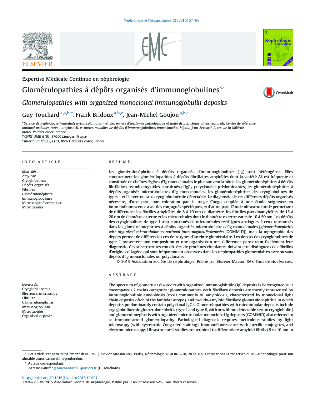 Glomérulopathies à dépôts organisés d’immunoglobulines 