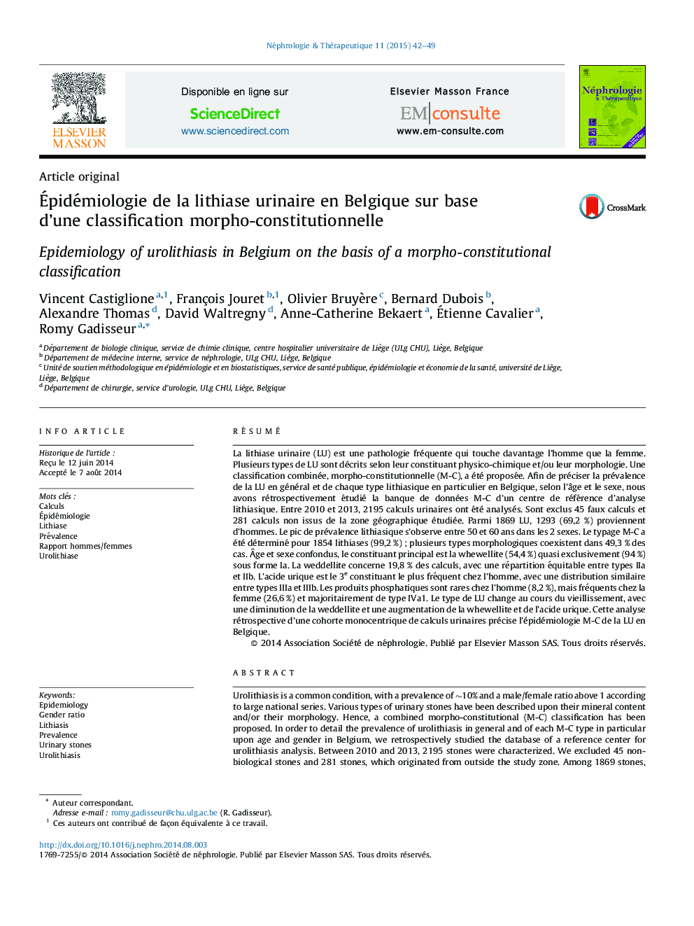 Épidémiologie de la lithiase urinaire en Belgique sur base d’une classification morpho-constitutionnelle