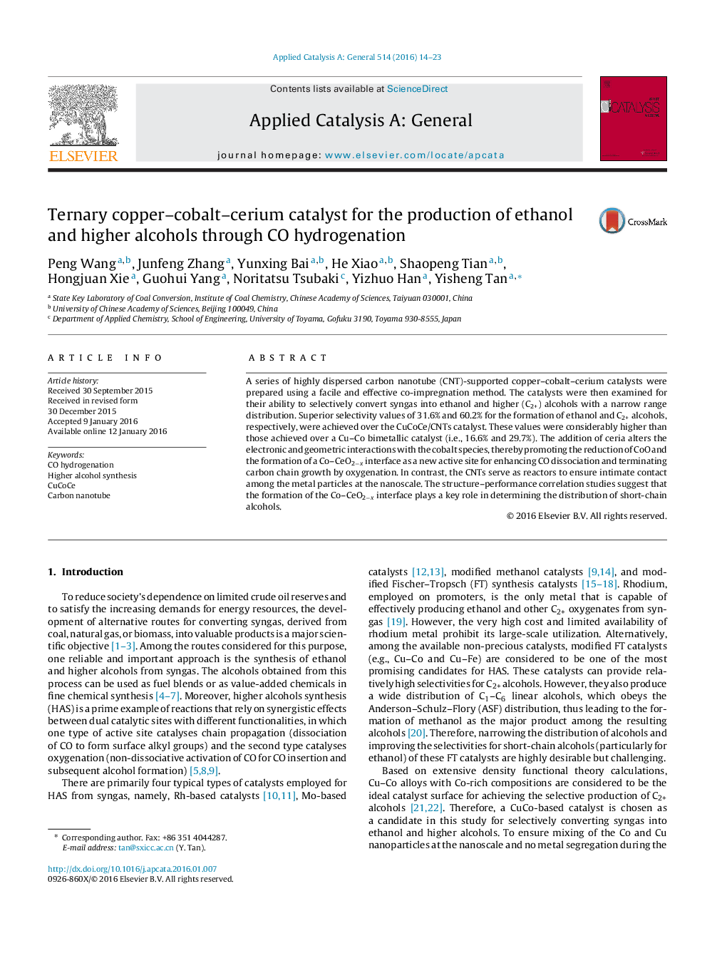 Ternary copper–cobalt–cerium catalyst for the production of ethanol and higher alcohols through CO hydrogenation