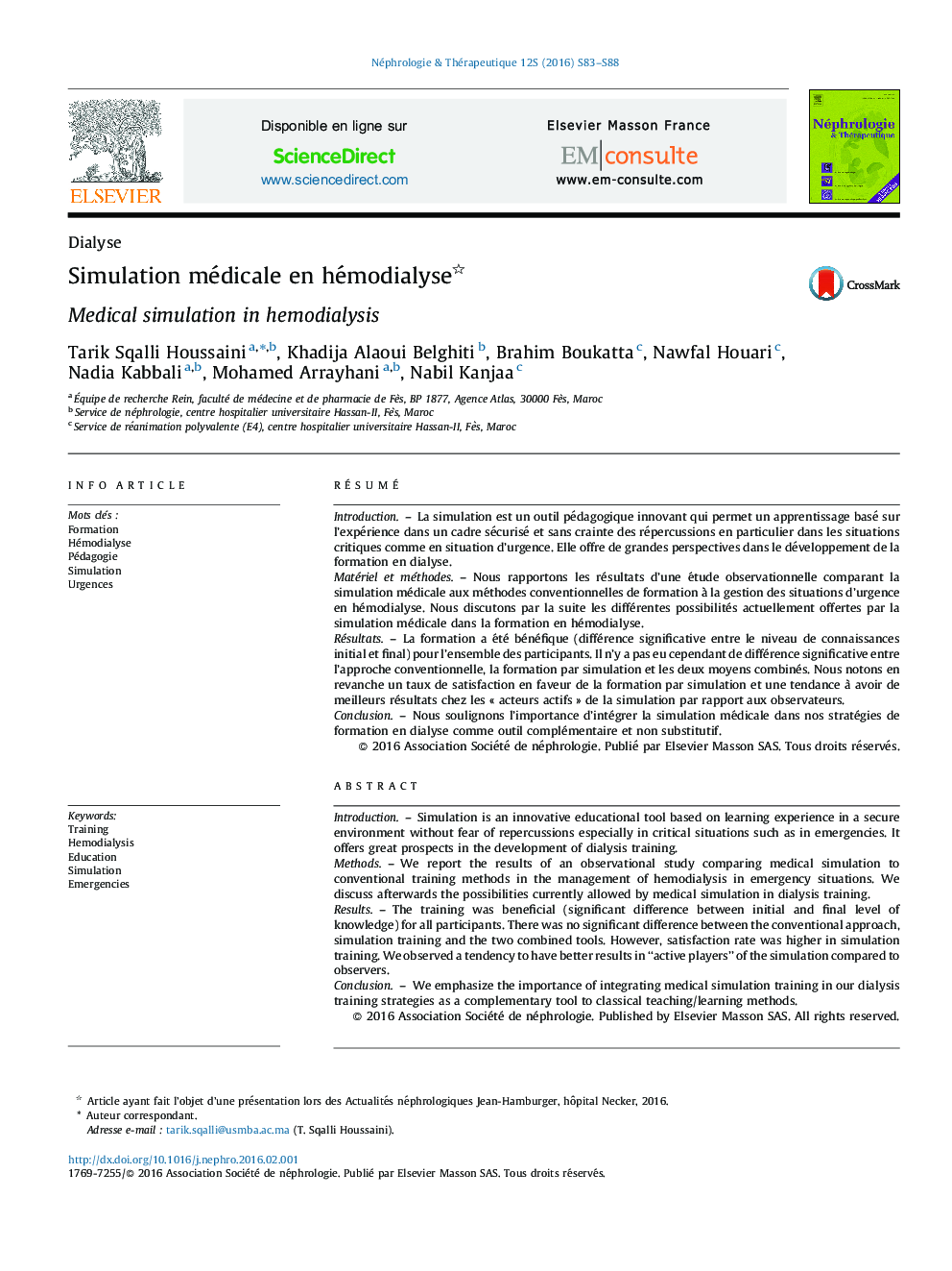 عکس صفحه اول مقاله: Simulation médicale en hémodialyse Simulation médicale en hémodialyse