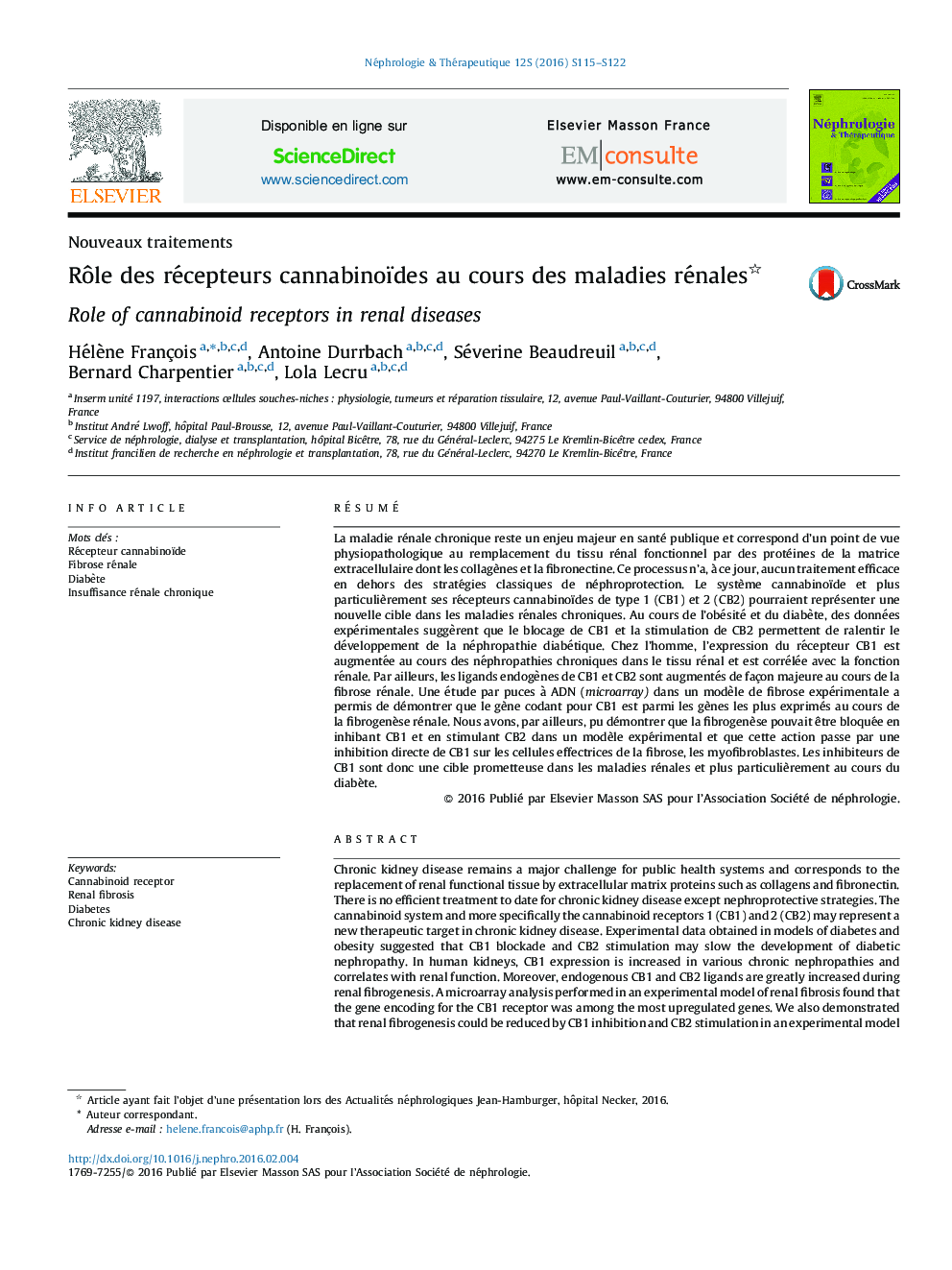 عکس صفحه اول مقاله: Rôle des récepteurs cannabinoïdes au cours des maladies rénales Rôle des récepteurs cannabinoïdes au cours des maladies rénales