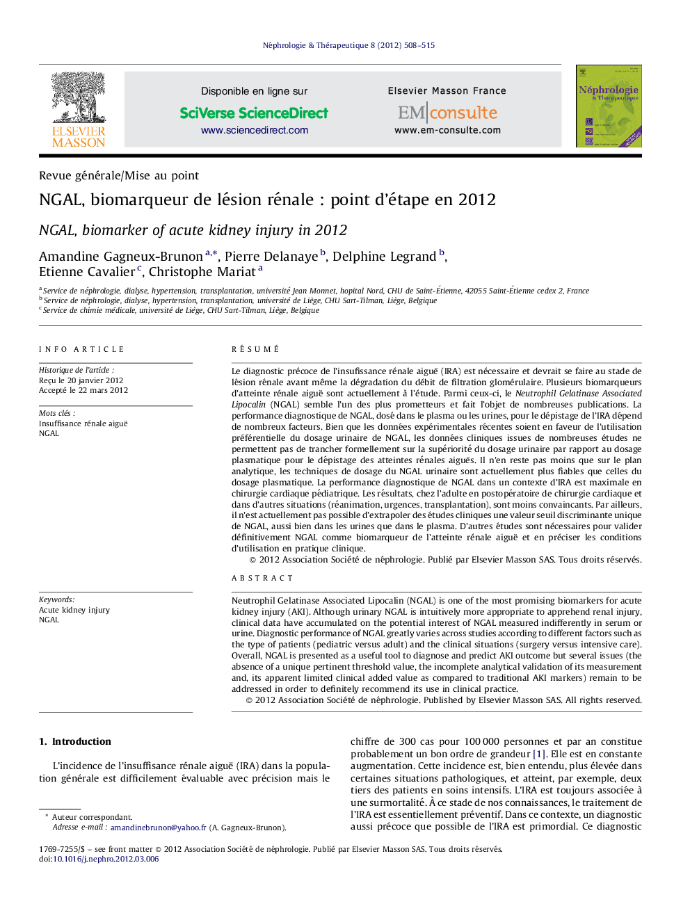 عکس صفحه اول مقاله: NGAL, biomarqueur de lésion rénale : point d’étape en 2012 NGAL, biomarqueur de lésion rénale : point d’étape en 2012