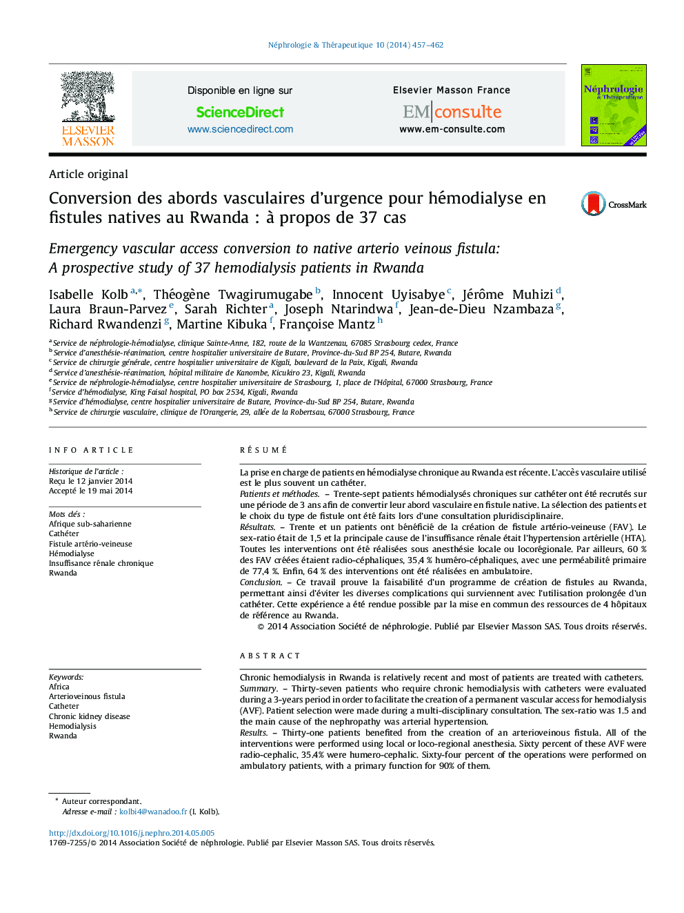 Conversion des abords vasculaires d’urgence pour hémodialyse en fistules natives au Rwanda : à propos de 37 cas