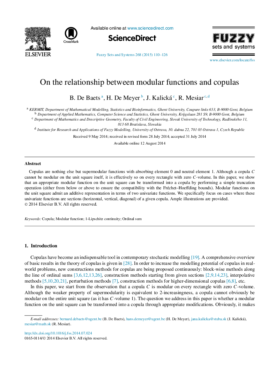 On the relationship between modular functions and copulas