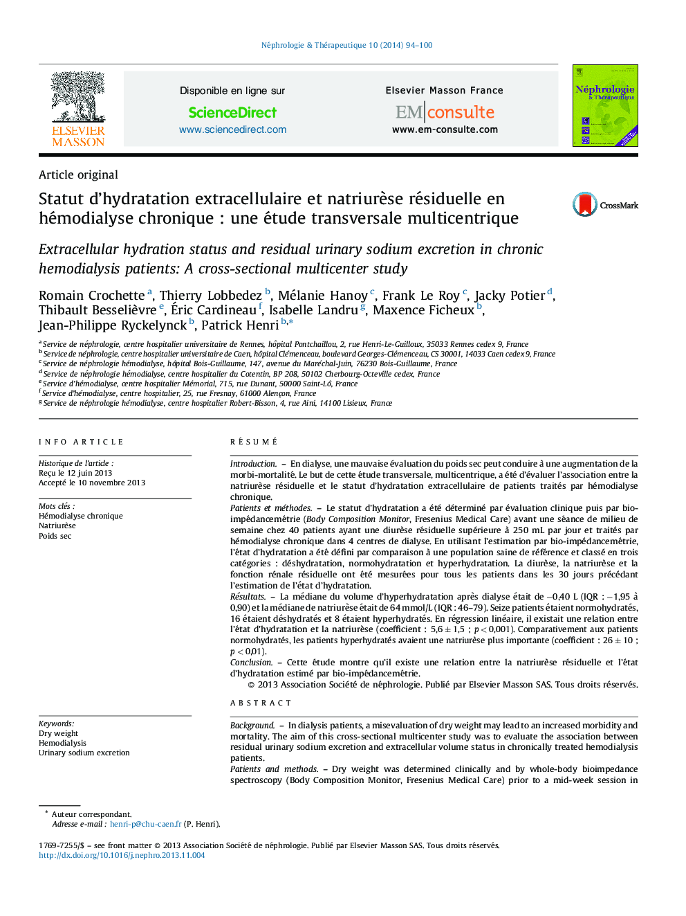 Statut d’hydratation extracellulaire et natriurèse résiduelle en hémodialyse chronique : une étude transversale multicentrique